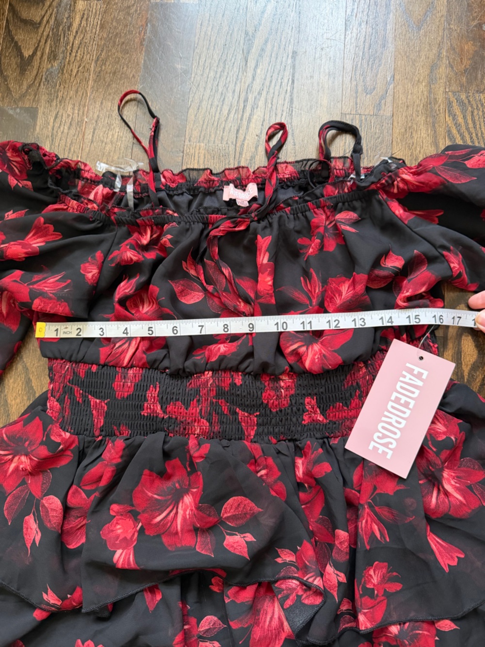 Ruffled Off-Shoulder Midi Dress in Black with Red Floral Print - Picture 6 of 6